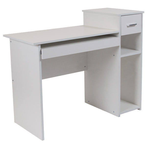 White |#| White Multi-Tiered Computer Desk with Shelves, Drawer and Sliding Keyboard Tray