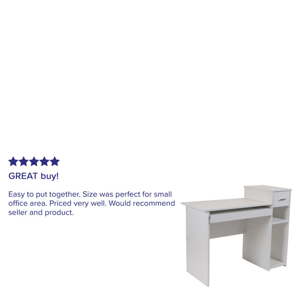 White |#| White Multi-Tiered Computer Desk with Shelves, Drawer and Sliding Keyboard Tray