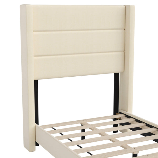 Beige,Twin |#| Twin Size Upholstered Platform Bed with Wingback Headboard-Beige Faux Linen