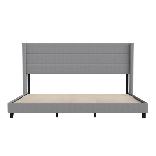 Gray,King |#| King Size Upholstered Platform Bed with Wingback Headboard-Gray Faux Linen