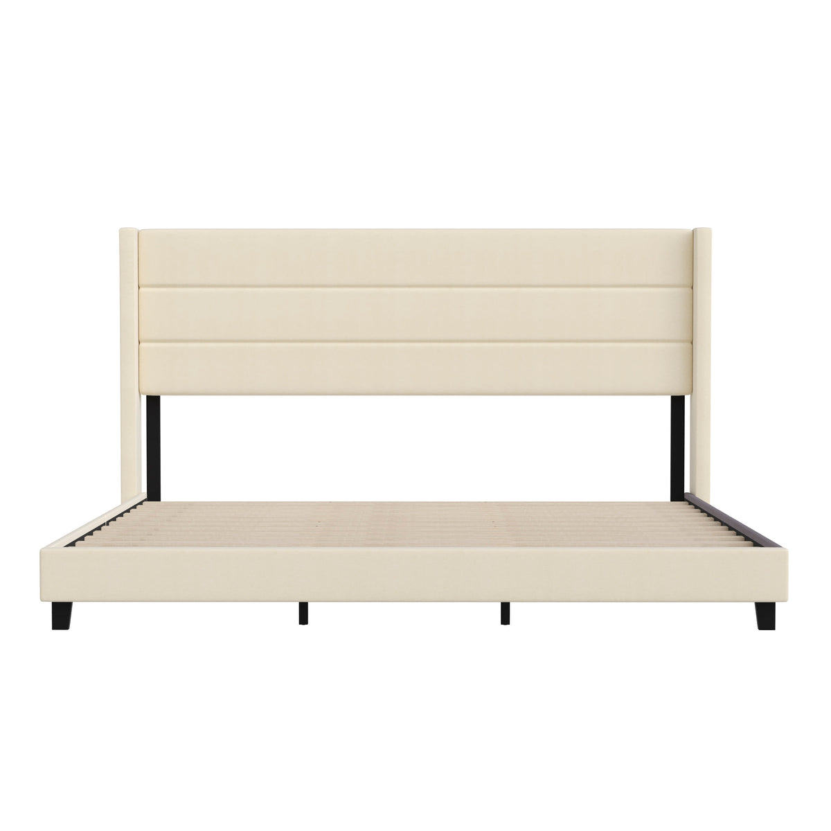 Beige,King |#| King Size Upholstered Platform Bed with Wingback Headboard-Beige Faux Linen