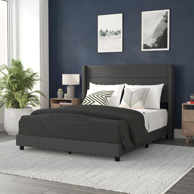 Hollis Upholstered Platform Bed with Wingback Headboard, Mattress Foundation with Slatted Supports, No Box Spring Needed - View 2