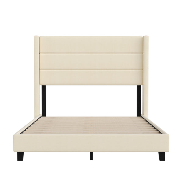 Beige,Full |#| Full Size Upholstered Platform Bed with Wingback Headboard-Beige Faux Linen