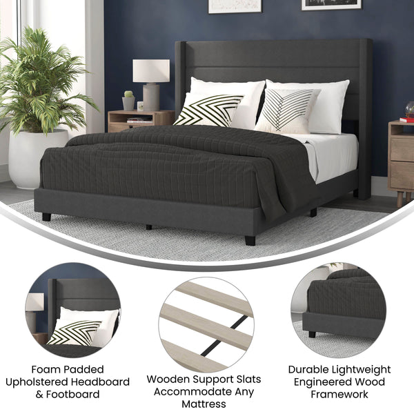 Charcoal,Full |#| Full Size Upholstered Platform Bed with Wingback Headboard-Charcoal Faux Linen