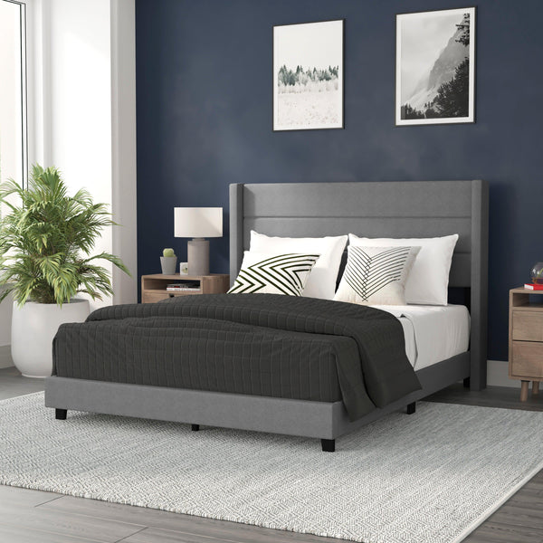 Gray,Queen |#| Queen Size Upholstered Platform Bed with Wingback Headboard-Gray Faux Linen