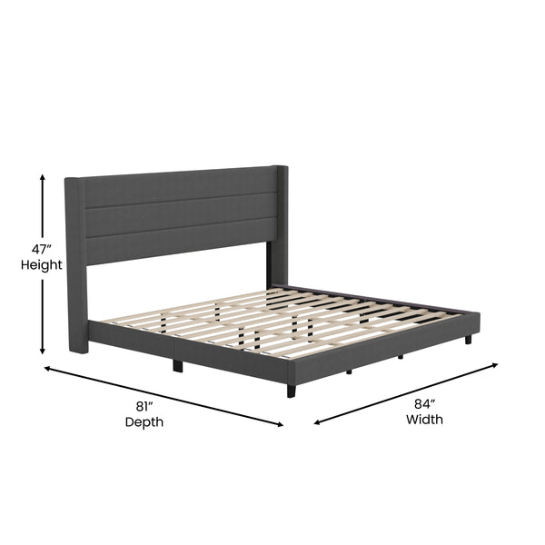 Charcoal,King |#| King Size Upholstered Platform Bed with Wingback Headboard-Charcoal Faux Linen