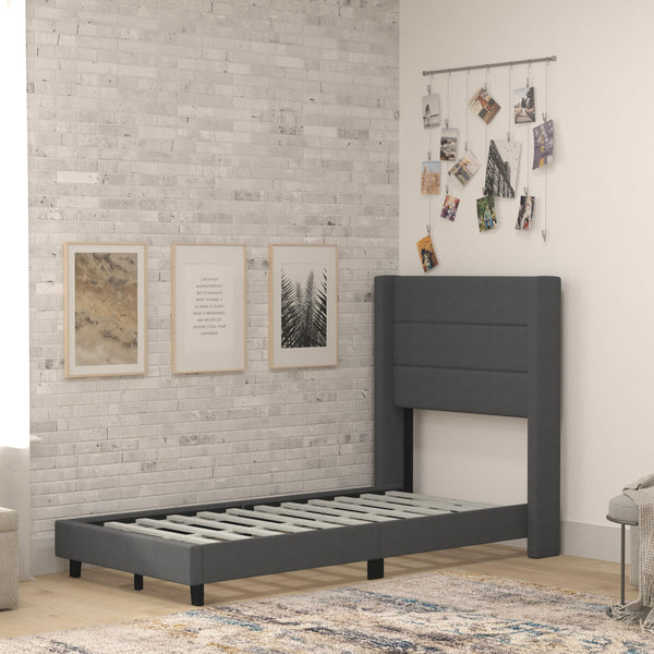 Charcoal,Twin |#| Twin Size Upholstered Platform Bed with Wingback Headboard-Charcoal Faux Linen