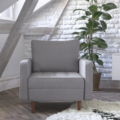 Hudson Mid-Century Modern Commercial Grade Armchair with Tufted Faux Linen Upholstery & Solid Wood Legs