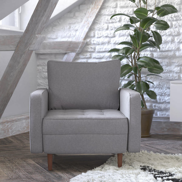 Slate Gray |#| Compact Slate Gray Faux Linen Upholstered Tufted Chair with Wooden Legs