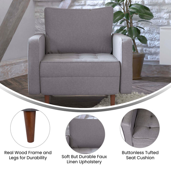Slate Gray |#| Compact Slate Gray Faux Linen Upholstered Tufted Chair with Wooden Legs