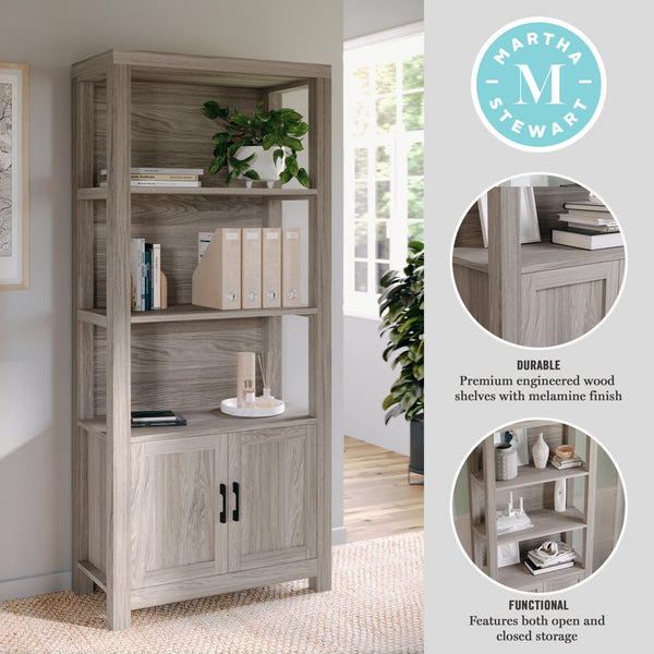 Gray Frame/Oil Rubbed Bronze Hardware |#| Gray Wash 4 Tier Shaker Style Bookcase with Cabinet and Oil Rubbed Brnz Hardware