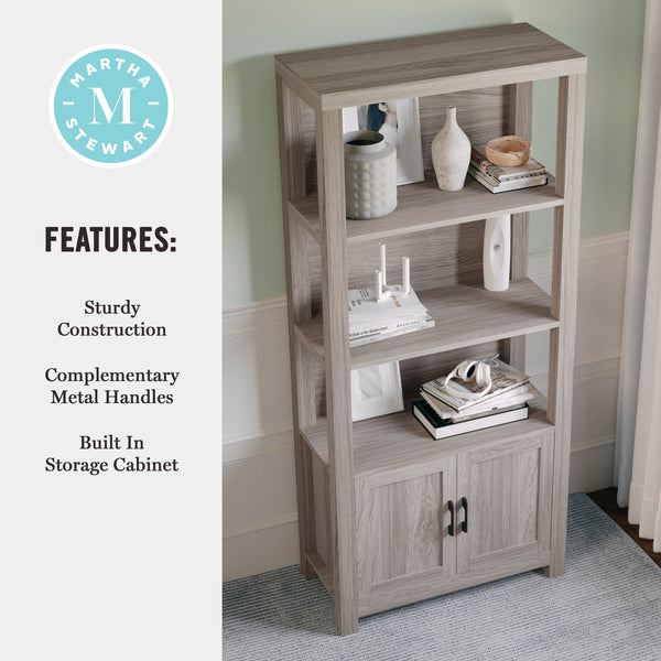 Gray Frame/Oil Rubbed Bronze Hardware |#| Gray Wash 4 Tier Shaker Style Bookcase with Cabinet and Oil Rubbed Brnz Hardware