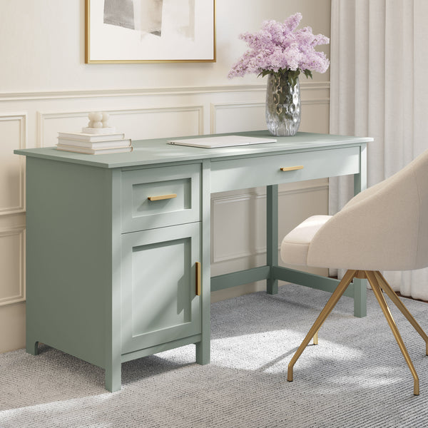 Sage Frame/Polished Brass Hardware |#| Sage Shaker Style Home Office Desk with Storage and Polished Brass Hardware
