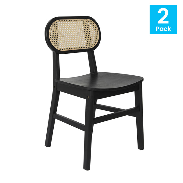 Black |#| 2 Pack Commercial Cane Rattan Event Chairs - Wood Backs and Seats-Natural/Black