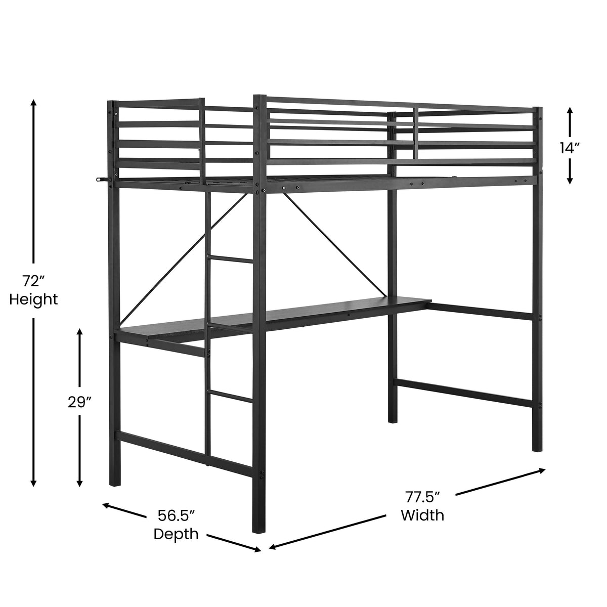 Black |#| Sturdy Metal Loft Bed Frame in Black with Desk and Safety Rails - Twin
