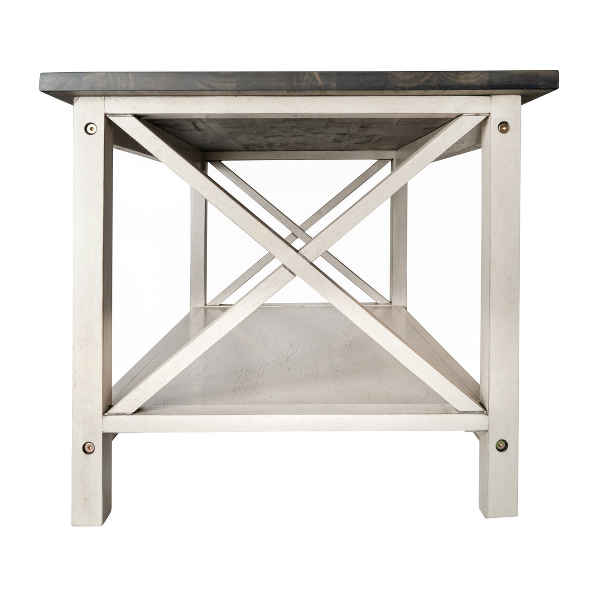 Acacia Gray Top/Rustic White Frame |#| Solid Wood Traditional Farmhouse Coffee Table in Acacia Gray and Rustic White