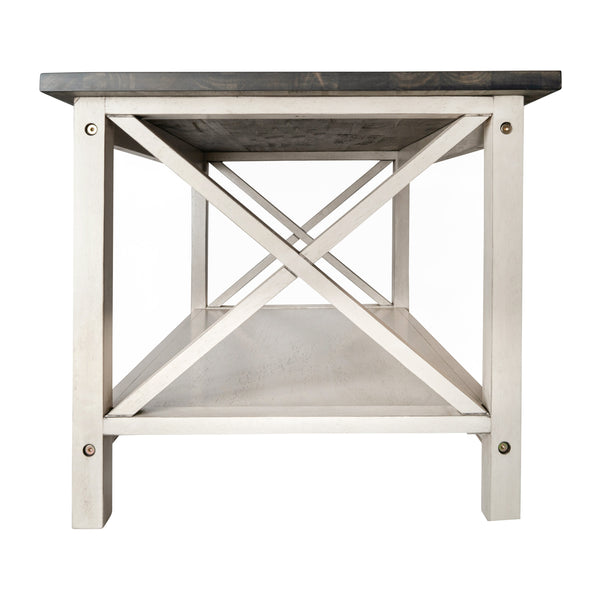 Acacia Gray Top/Rustic White Frame |#| Solid Wood Traditional Farmhouse Coffee Table in Acacia Gray and Rustic White