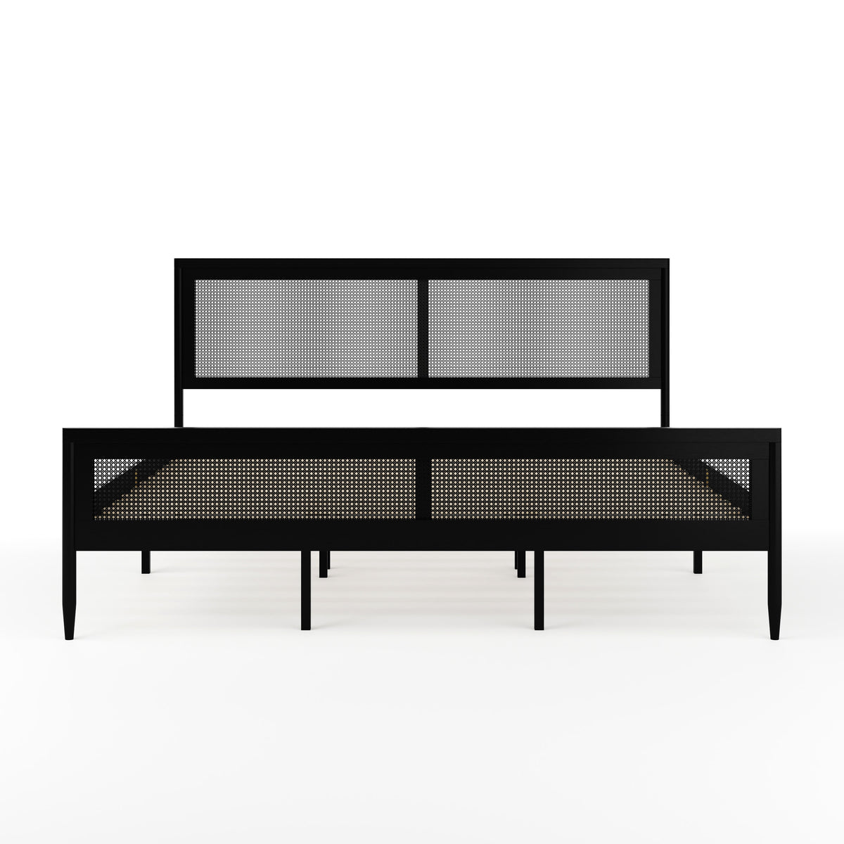Black,King |#| Wooden King Platform Bed with Rattan Inset Headboard and Footboard-Black