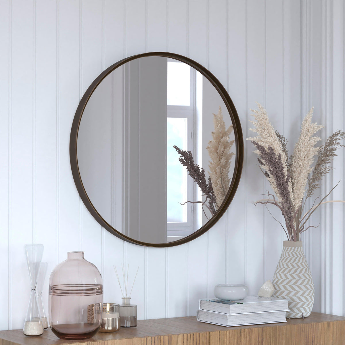 Brushed Bronze,27.5" Round |#| Wall Mount 27.5" Shatterproof Round Accent Wall Mirror with Bronze Metal Frame
