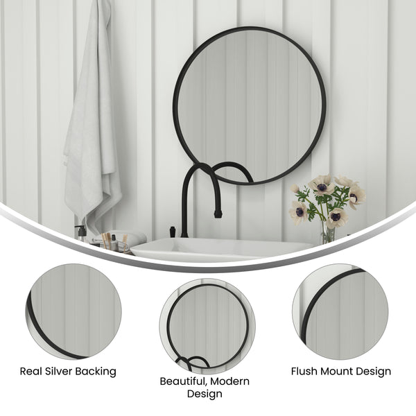 Black,27.5" Round |#| Wall Mount 27.5" Shatterproof Round Accent Wall Mirror with Black Metal Frame