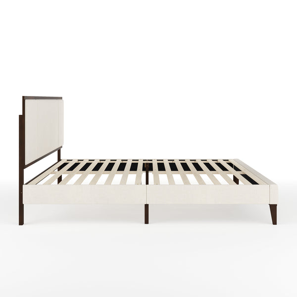 Beige Fabric/Dark Brown Frame,King |#| Wooden King Size Platform Bed with Upholstered Inset Headboard-Dark Brown/Beige