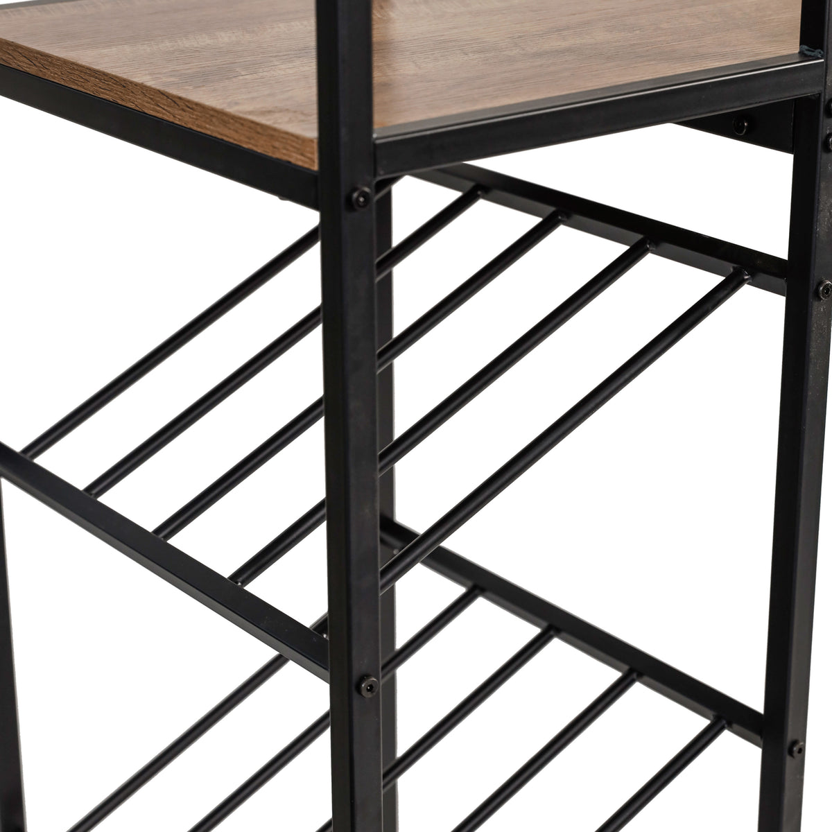 Light Brown Top/Black Frame |#| Modern Metal Bar Table with Bottle and Stemware Storage - Black/Light Brown