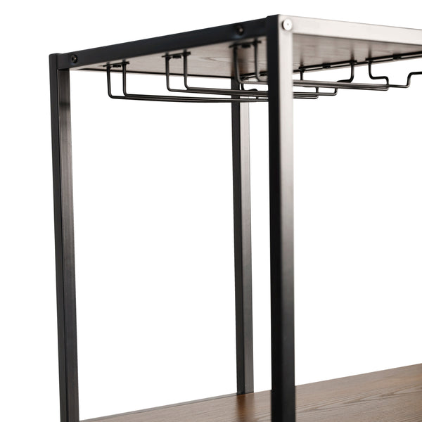 Walnut Top/Black Frame |#| Modern Metal Bar Table with Bottle and Stemware Storage - Black/Walnut