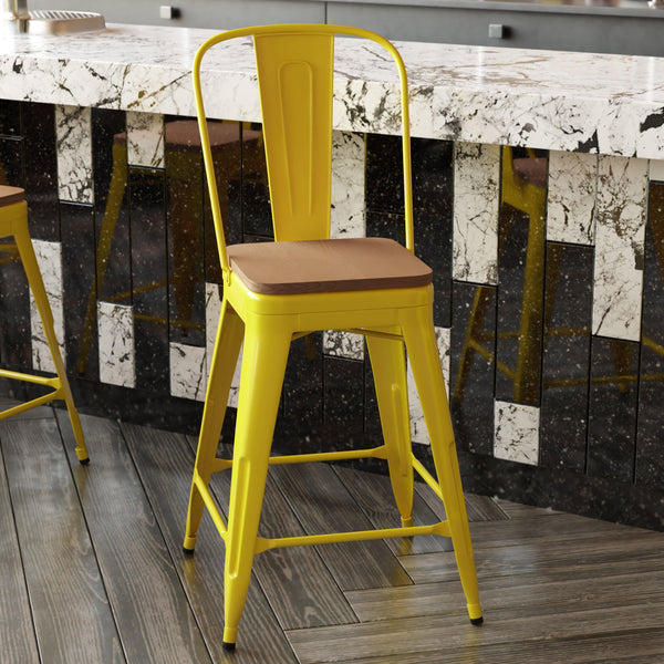 Yellow/Teak |#| All-Weather Commercial Counter Stool with Removable Back/Poly Seat-Yellow/Teak