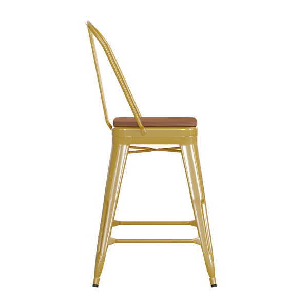 Yellow/Teak |#| All-Weather Commercial Counter Stool with Removable Back/Poly Seat-Yellow/Teak