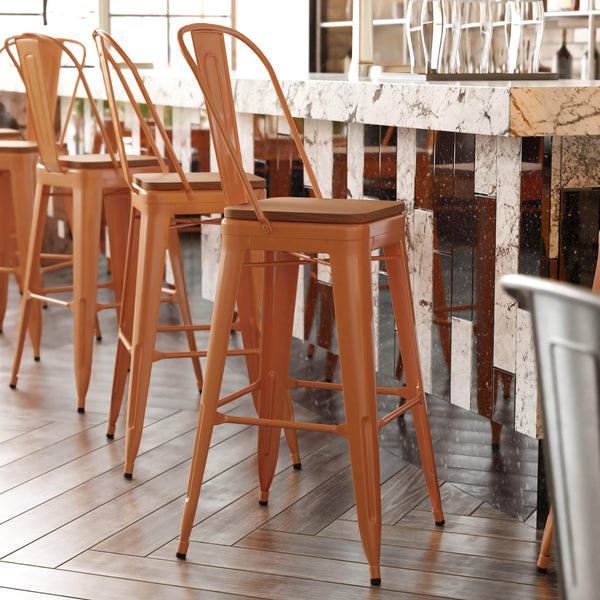 Orange/Teak |#| All-Weather Commercial Bar Stool with Removable Back/Poly Seat-Orange/Teak