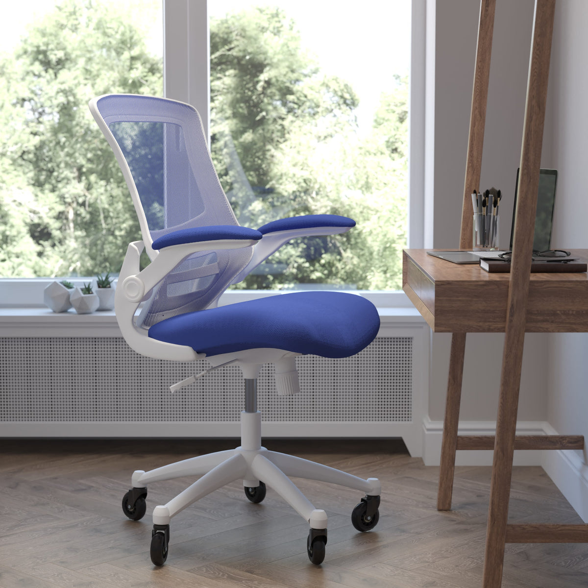 Blue Mesh/White Frame |#| Ergonomic Swivel Task Chair with Roller Wheels & Flip Up Arms - Blue Mesh