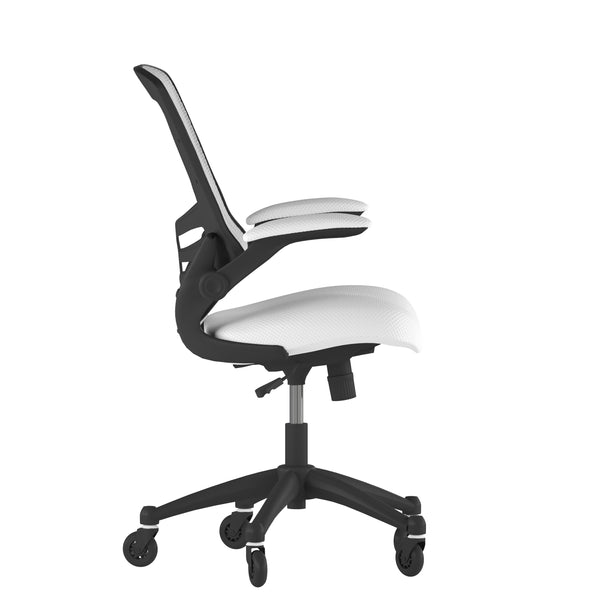 White Mesh/Black Frame |#| Ergonomic Swivel Task Chair with Roller Wheels & Flip Up Arms - White Mesh