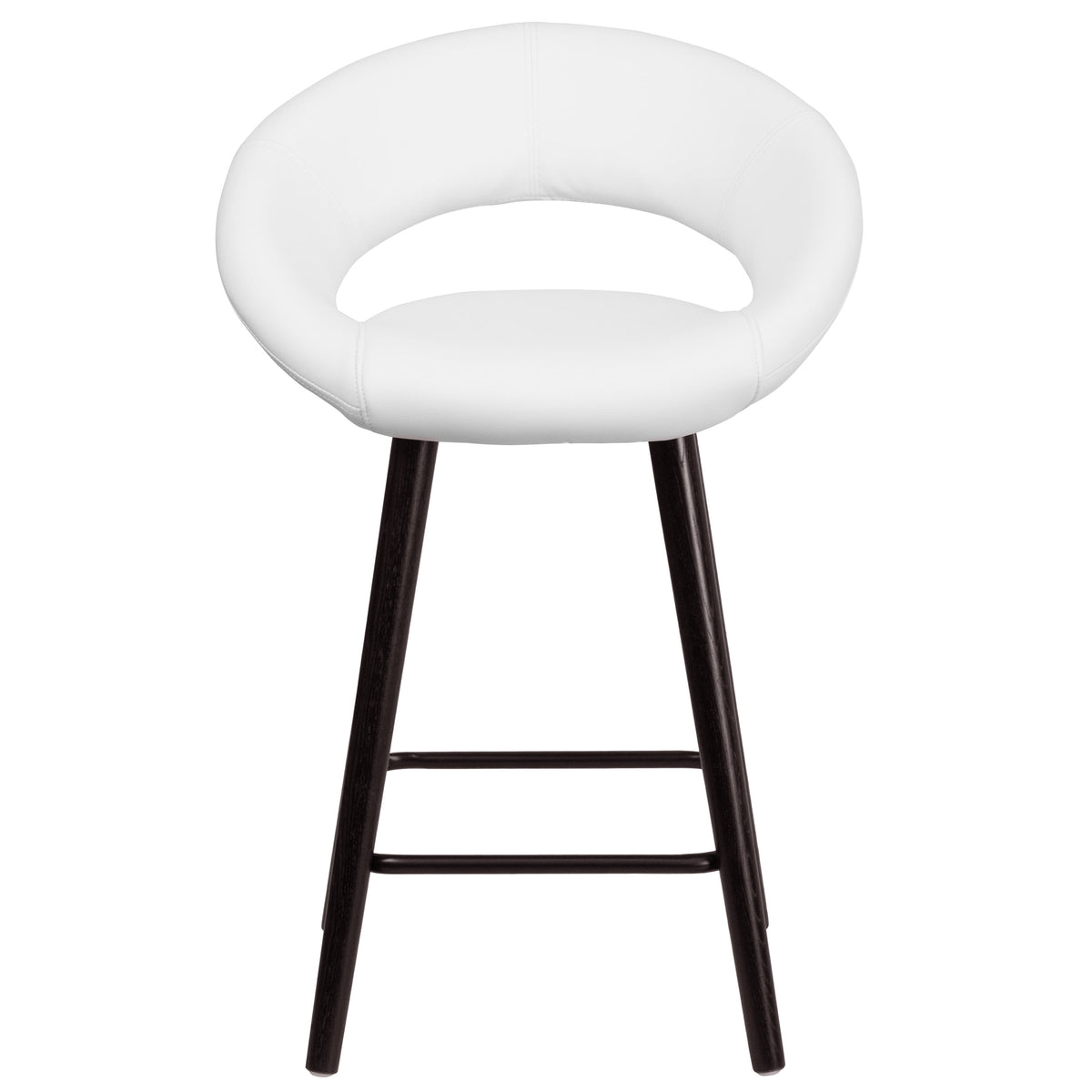 White |#| 24inch High Cappuccino Wood Rounded Back Counter Height Stool in White Vinyl
