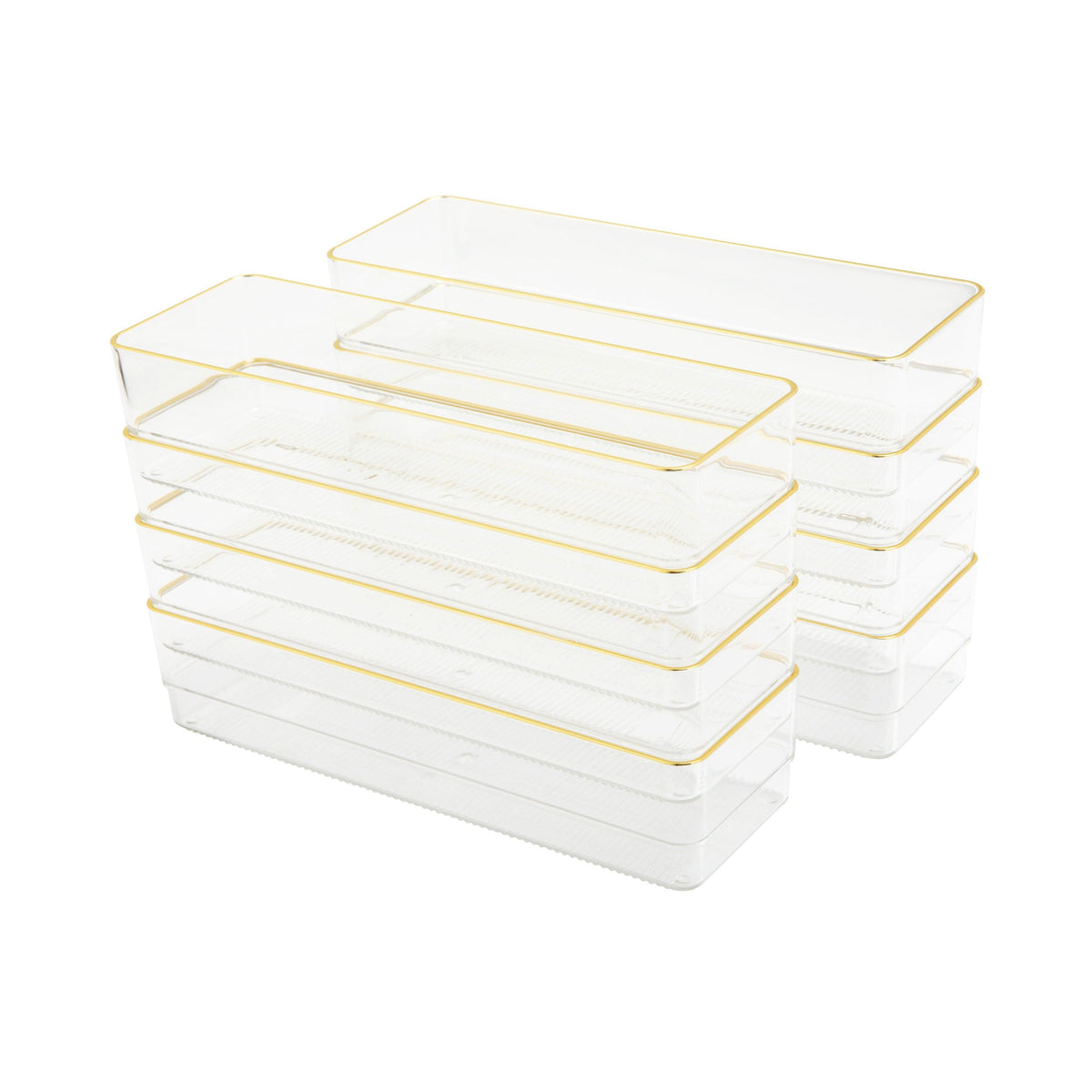 Set of 8 Plastic Stacking Desk Drawer Organizers with Gold Trim - 9 x 3