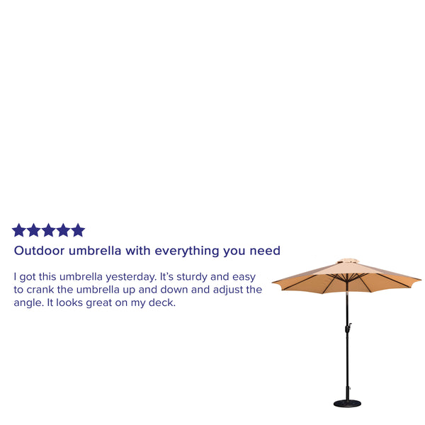 Tan |#| Bundled Set - Tan 9 FT Round Umbrella & Universal Black Cement Waterproof Base