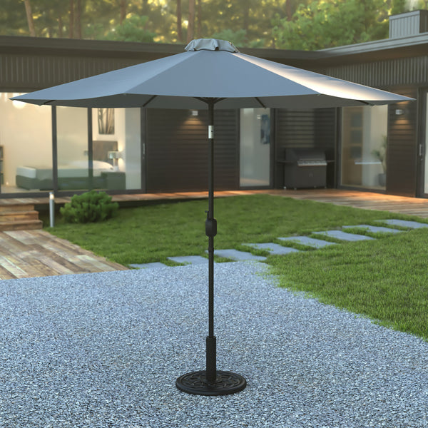 Gray |#| Bundled Set - Gray 9 FT Round Umbrella & Universal Black Cement Waterproof Base