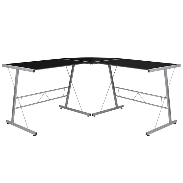 Black Top/Silver Frame |#| L-Shaped Computer Corner Glass Desk, Gaming Desk, Home Office Corner Desk, Black