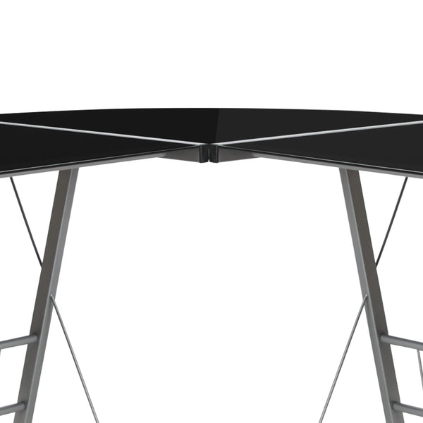 Black Top/Silver Frame |#| L-Shaped Computer Corner Glass Desk, Gaming Desk, Home Office Corner Desk, Black