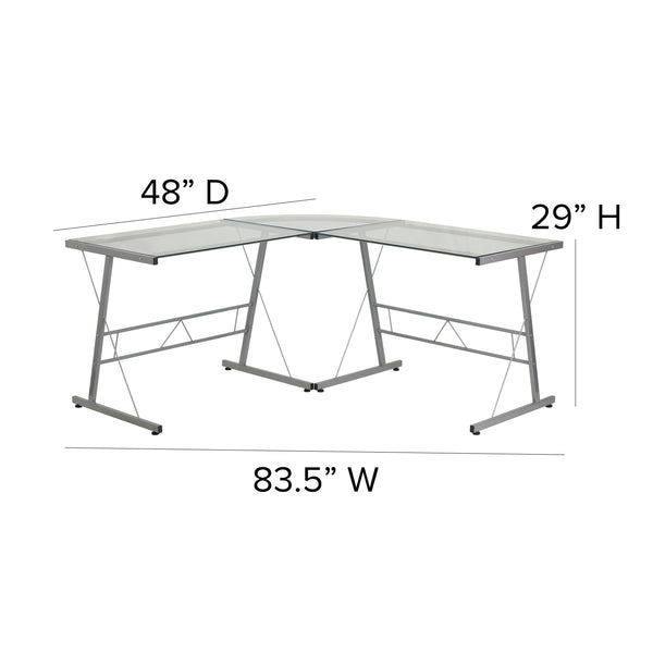 Clear Top/Silver Frame |#| L-Shaped Computer Corner Glass Desk, Gaming Desk, Home Office Corner Desk, Clear