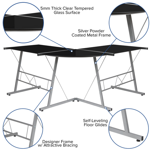 Black Top/Silver Frame |#| L-Shaped Computer Corner Glass Desk, Gaming Desk, Home Office Corner Desk, Black