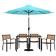 Teal |#| 30inch x 48inch Faux Teak Patio Table, 4 Chairs and Teal 9FT Patio Umbrella with Base