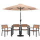 Tan |#| 30inch x 48inch Faux Teak Patio Table, 4 Chairs and Tan 9FT Patio Umbrella with Base