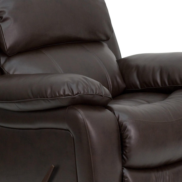 Brown |#| Brown LeatherSoft Rocker Recliner with Bustle Back Cushions and Padded Arms