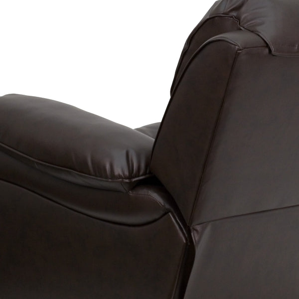 Brown |#| Brown LeatherSoft Rocker Recliner with Bustle Back Cushions and Padded Arms