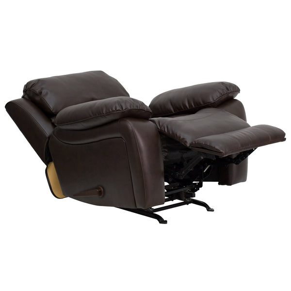 Brown |#| Brown LeatherSoft Rocker Recliner with Bustle Back Cushions and Padded Arms