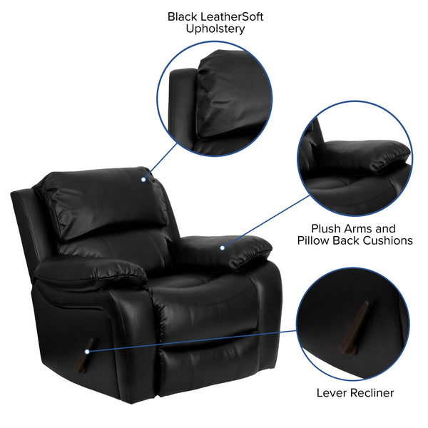 Black |#| Black LeatherSoft Rocker Recliner with Bustle Back Cushions and Padded Arms