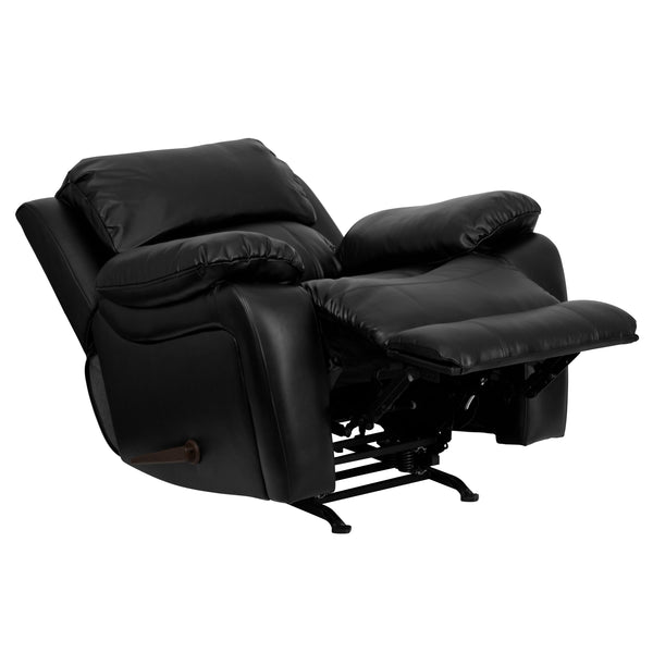 Black |#| Black LeatherSoft Rocker Recliner with Bustle Back Cushions and Padded Arms