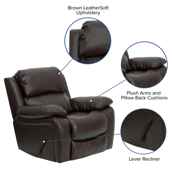 Brown |#| Brown LeatherSoft Rocker Recliner with Bustle Back Cushions and Padded Arms