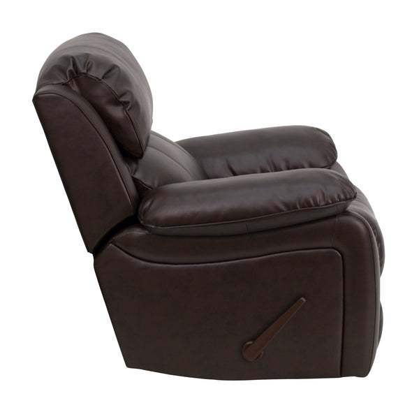 Brown |#| Brown LeatherSoft Rocker Recliner with Bustle Back Cushions and Padded Arms