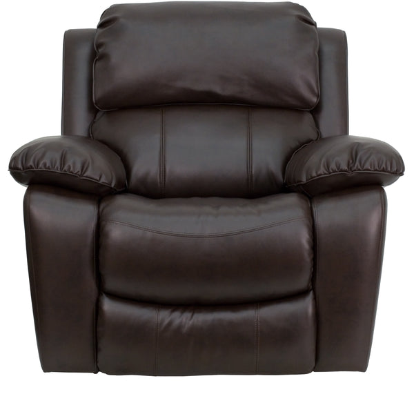 Brown |#| Brown LeatherSoft Rocker Recliner with Bustle Back Cushions and Padded Arms